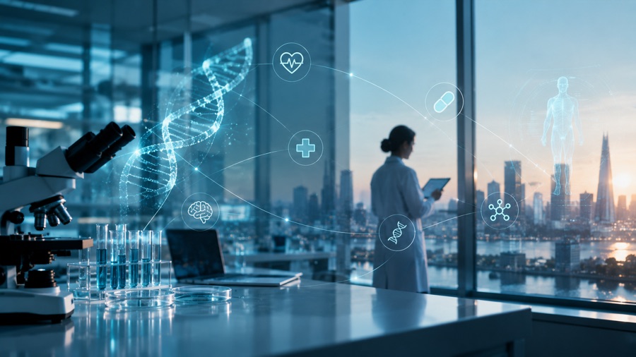 A researcher in a laboratory overlooking a city, with connected medical and genomic data visualised around them