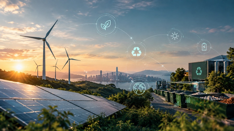 Wind turbines and solar arrays on the water beside a city skyline at sunrise